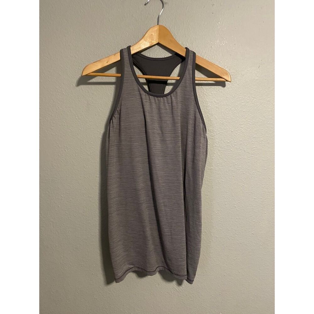 Lululemon Ruche of Adrenaline Womens Tank Top Size 12 Gray Striped Racerback - Picture 1 of 6